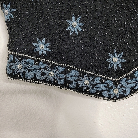 Vintage Papell Boutique Evening Top Womens Small Black Blue Floral Silk Beaded - Picture 4 of 14